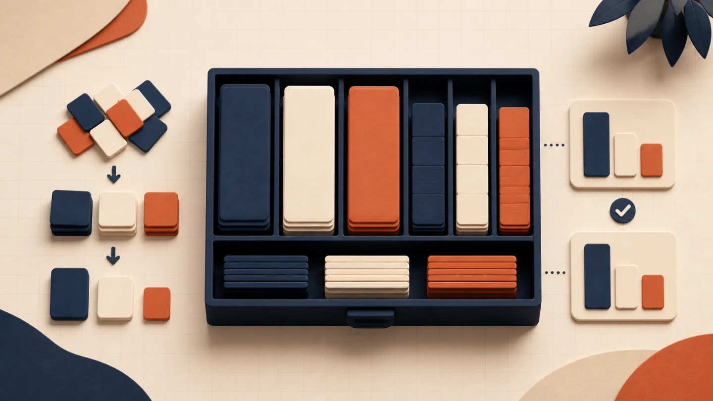 Abstract counting tiles sorted into cash drawer compartments
