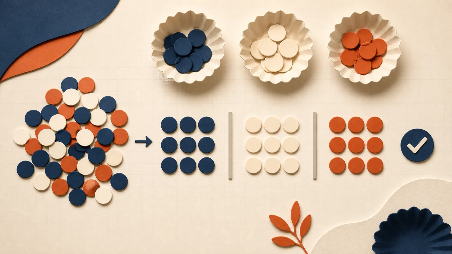 Abstract round counting tokens sorted into consistent groups